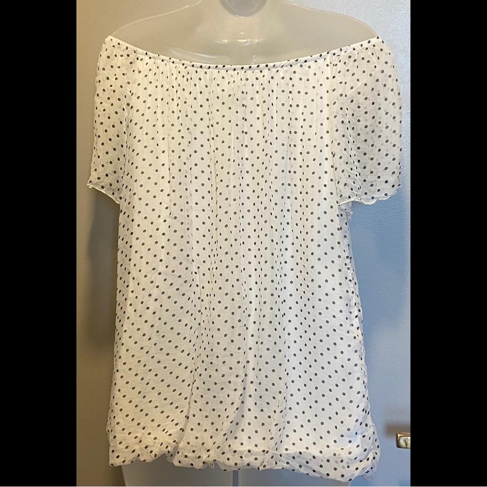 Luisa Ricci M 100% Silk Blouse White Gray Polka Dots Medium off shoulders